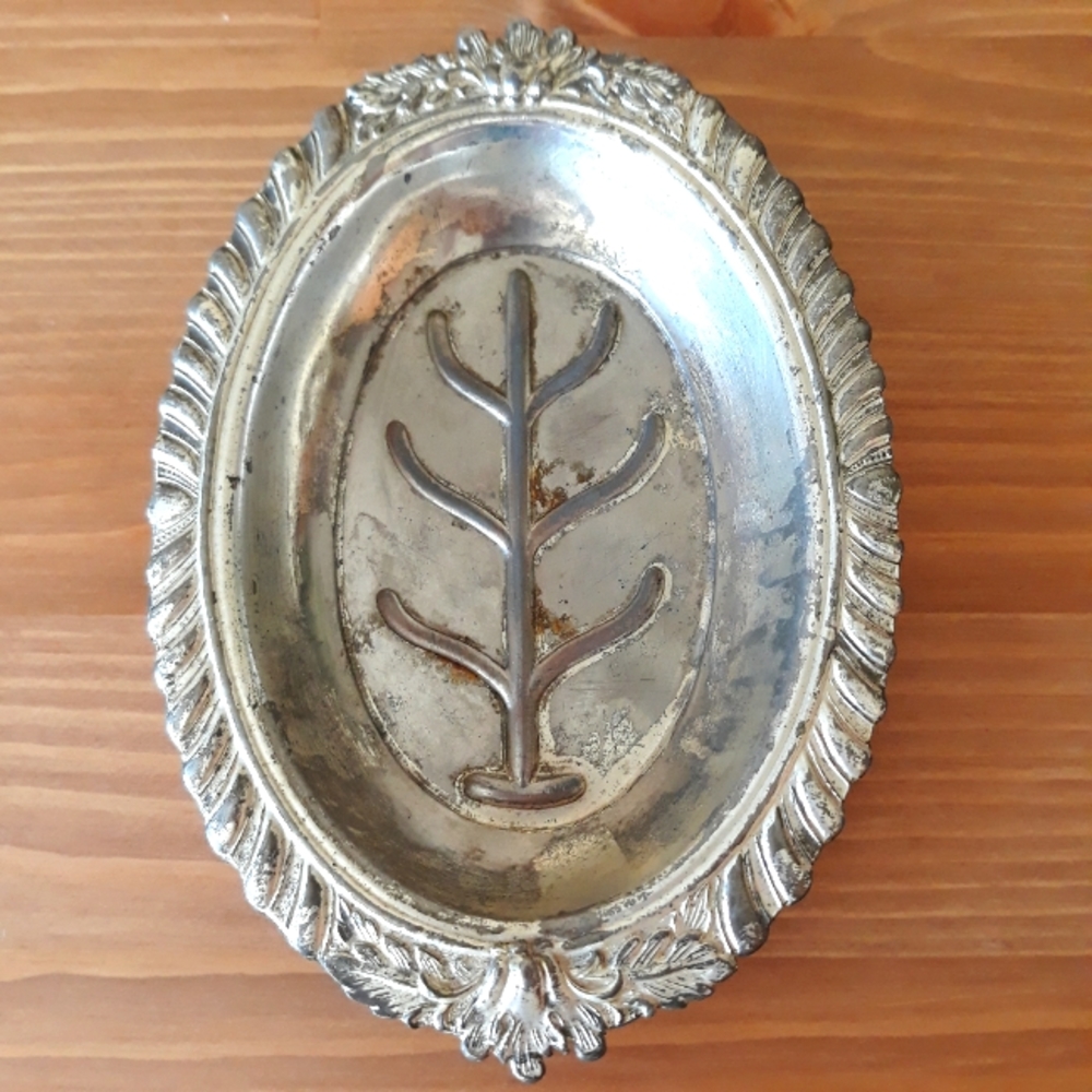 VTG 1940s Silver Plated Occupied Japan Soap Dish Trinket Plate, Tree Motif